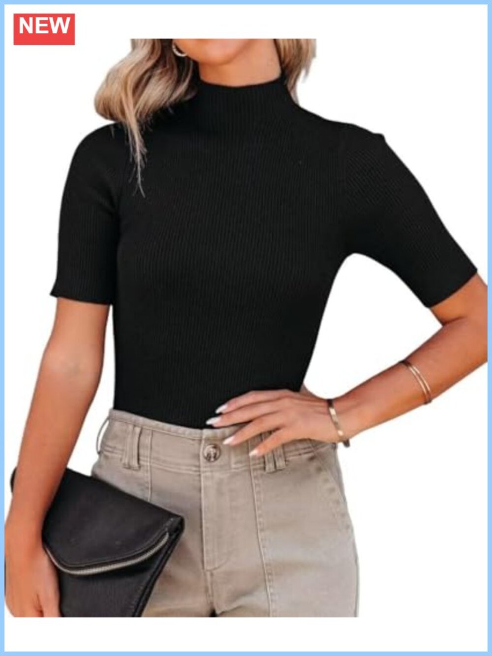Mock Neck Short Sleeve Ribbed Knit Pullover Sweater Top